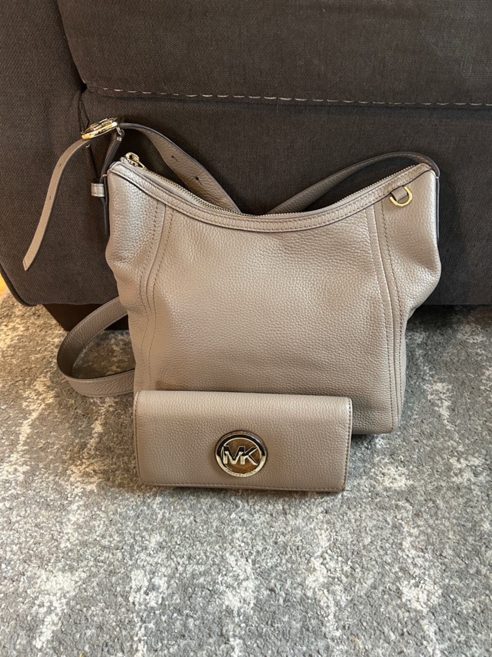 Michael Kors Fulton Taupe Pebbled Leather Bag with Matching Wallet